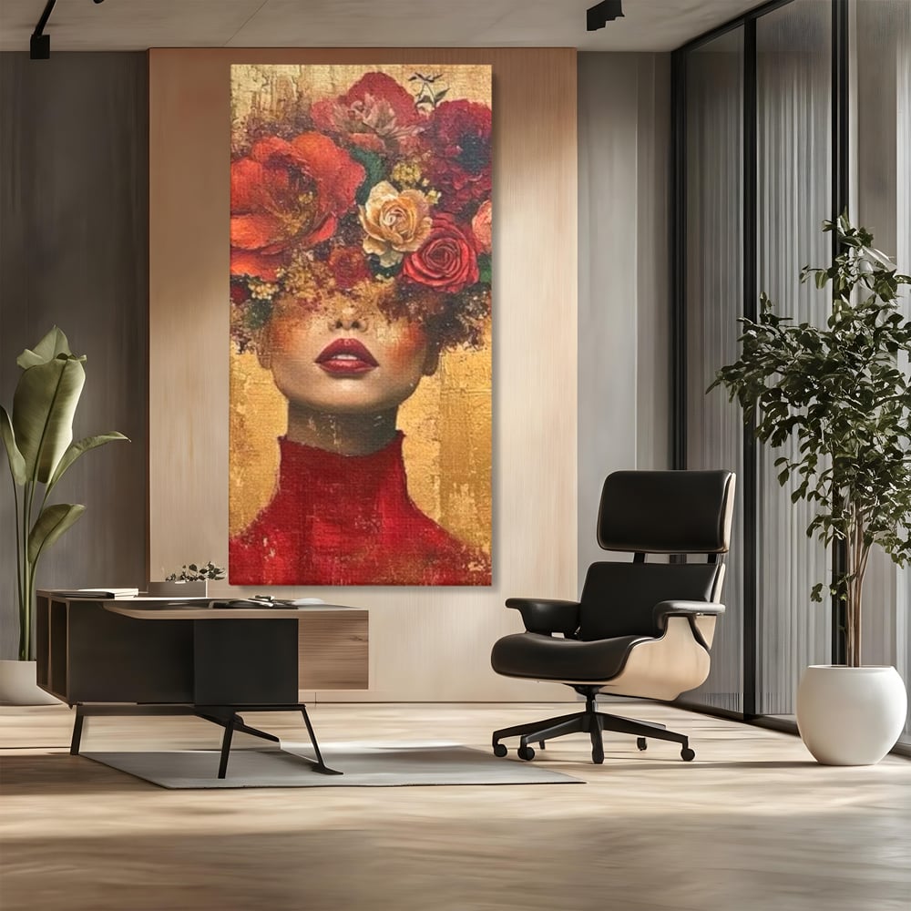 LuxCanva Premium-Leinwandkunst® G1029, Frau und Rosen, Natur, Blütenblätter, Rosen, Details, Porträt, Romantik, Romantisch, Wohnen, Schlafzimmer, Lebendige Farben