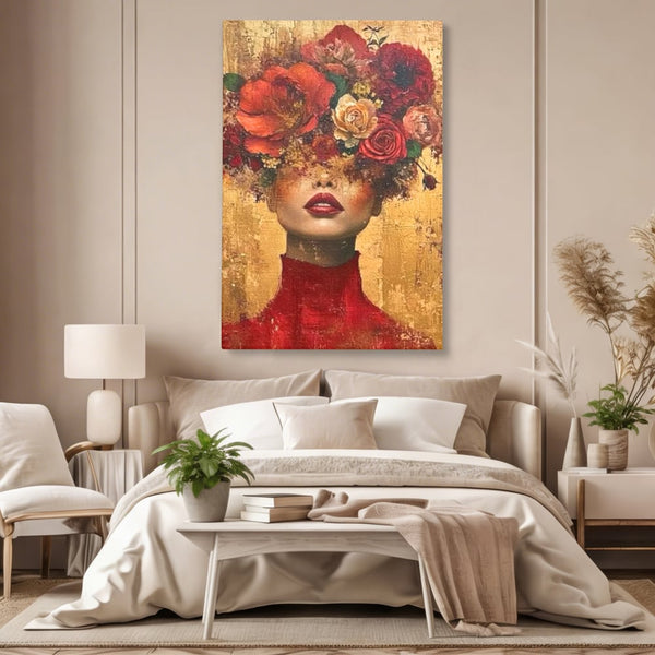 LuxCanva Premium-Leinwandkunst® G1029, Frau und Rosen, Natur, Blütenblätter, Rosen, Details, Porträt, Romantik, Romantisch, Wohnen, Schlafzimmer, Lebendige Farben