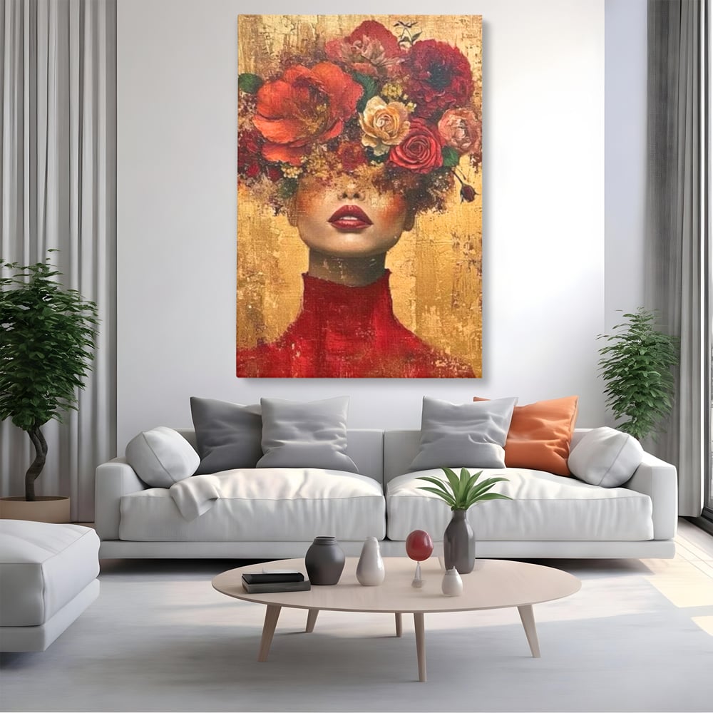 LuxCanva Premium-Leinwandkunst® G1029, Frau und Rosen, Natur, Blütenblätter, Rosen, Details, Porträt, Romantik, Romantisch, Wohnen, Schlafzimmer, Lebendige Farben