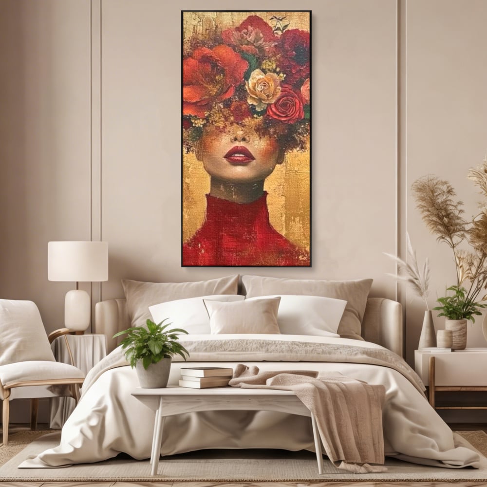 LuxCanva Premium-Leinwandkunst® G1029, Frau und Rosen, Natur, Blütenblätter, Rosen, Details, Porträt, Romantik, Romantisch, Wohnen, Schlafzimmer, Lebendige Farben