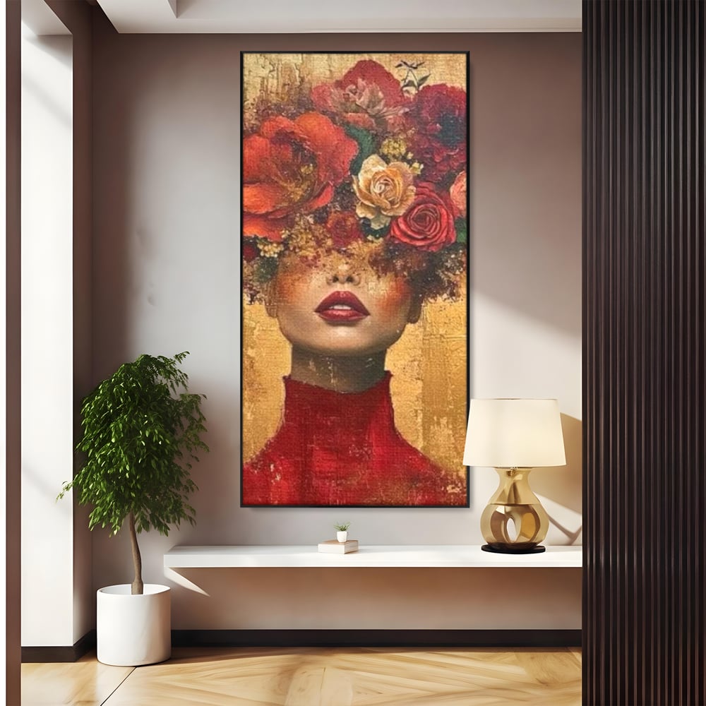LuxCanva Premium-Leinwandkunst® G1029, Frau und Rosen, Natur, Blütenblätter, Rosen, Details, Porträt, Romantik, Romantisch, Wohnen, Schlafzimmer, Lebendige Farben