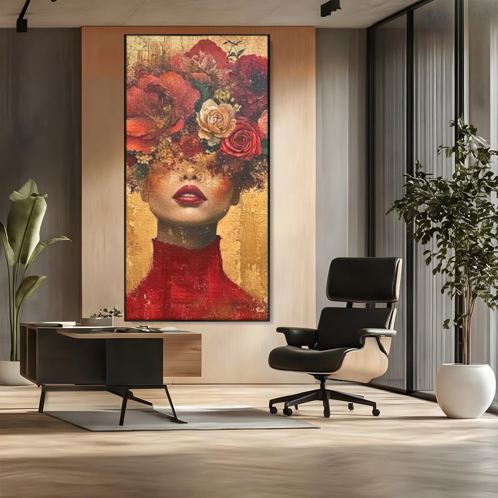 LuxCanva Premium-Leinwandkunst® G1029, Frau und Rosen, Natur, Blütenblätter, Rosen, Details, Porträt, Romantik, Romantisch, Wohnen, Schlafzimmer, Lebendige Farben