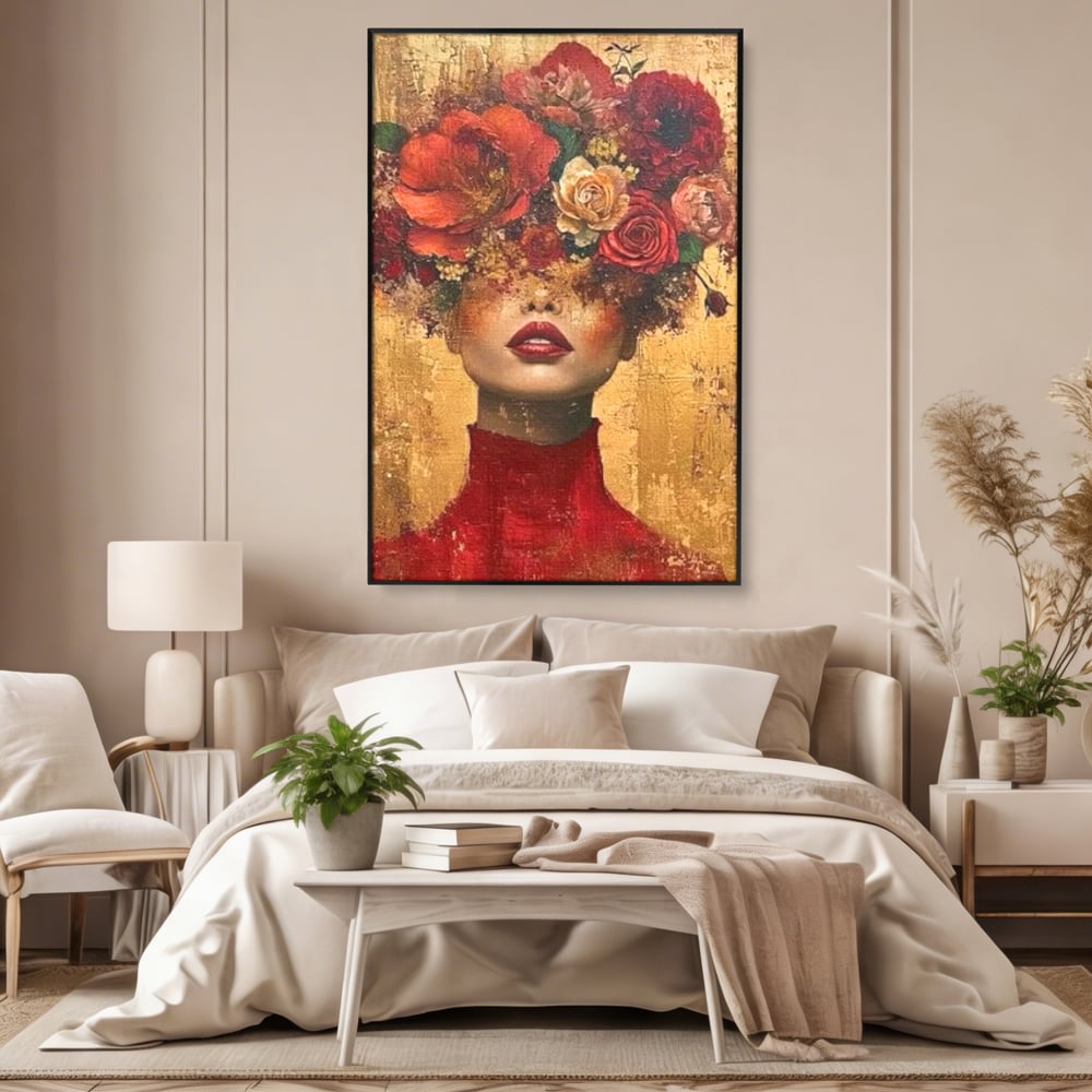 LuxCanva Premium-Leinwandkunst® G1029, Frau und Rosen, Natur, Blütenblätter, Rosen, Details, Porträt, Romantik, Romantisch, Wohnen, Schlafzimmer, Lebendige Farben