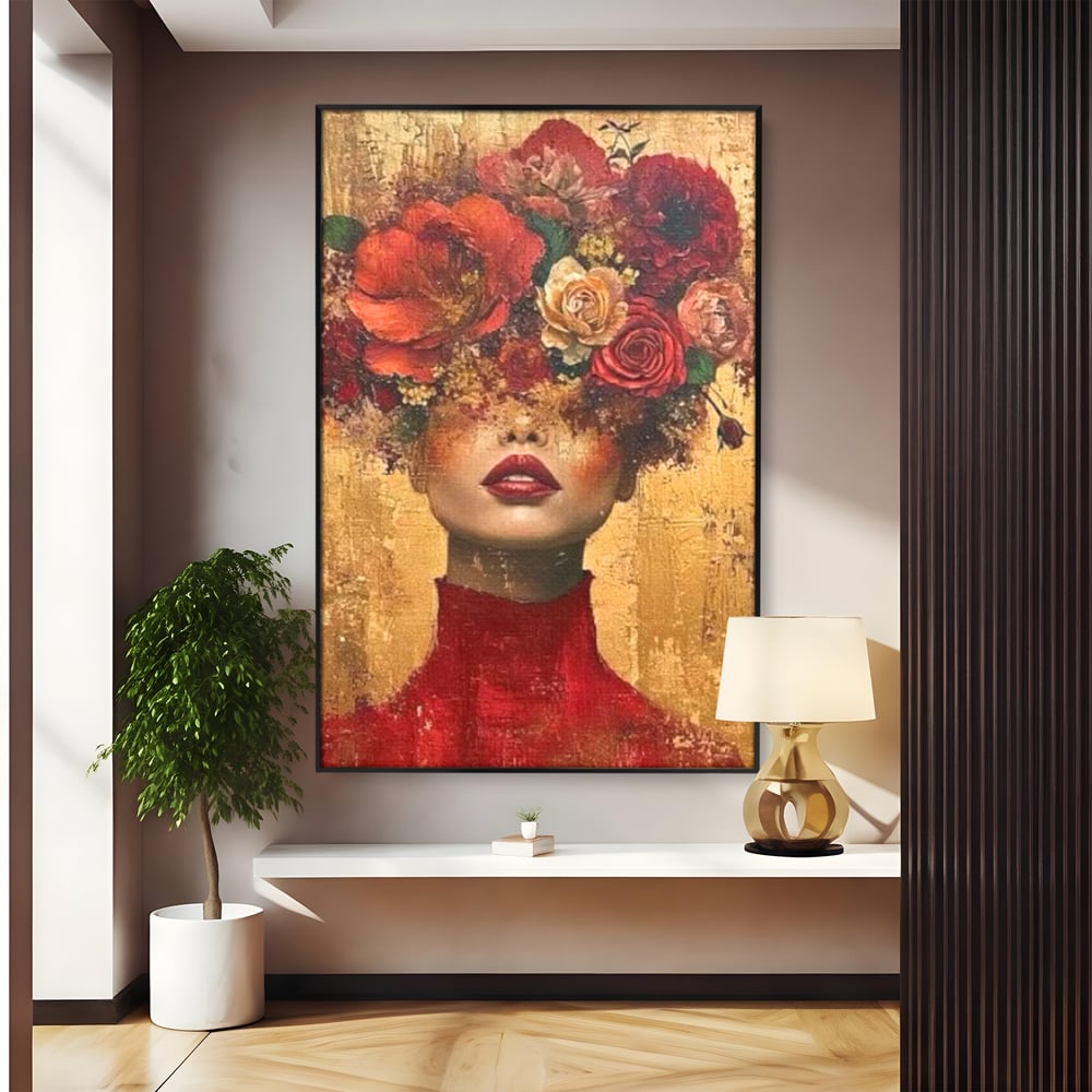 LuxCanva Premium-Leinwandkunst® G1029, Frau und Rosen, Natur, Blütenblätter, Rosen, Details, Porträt, Romantik, Romantisch, Wohnen, Schlafzimmer, Lebendige Farben