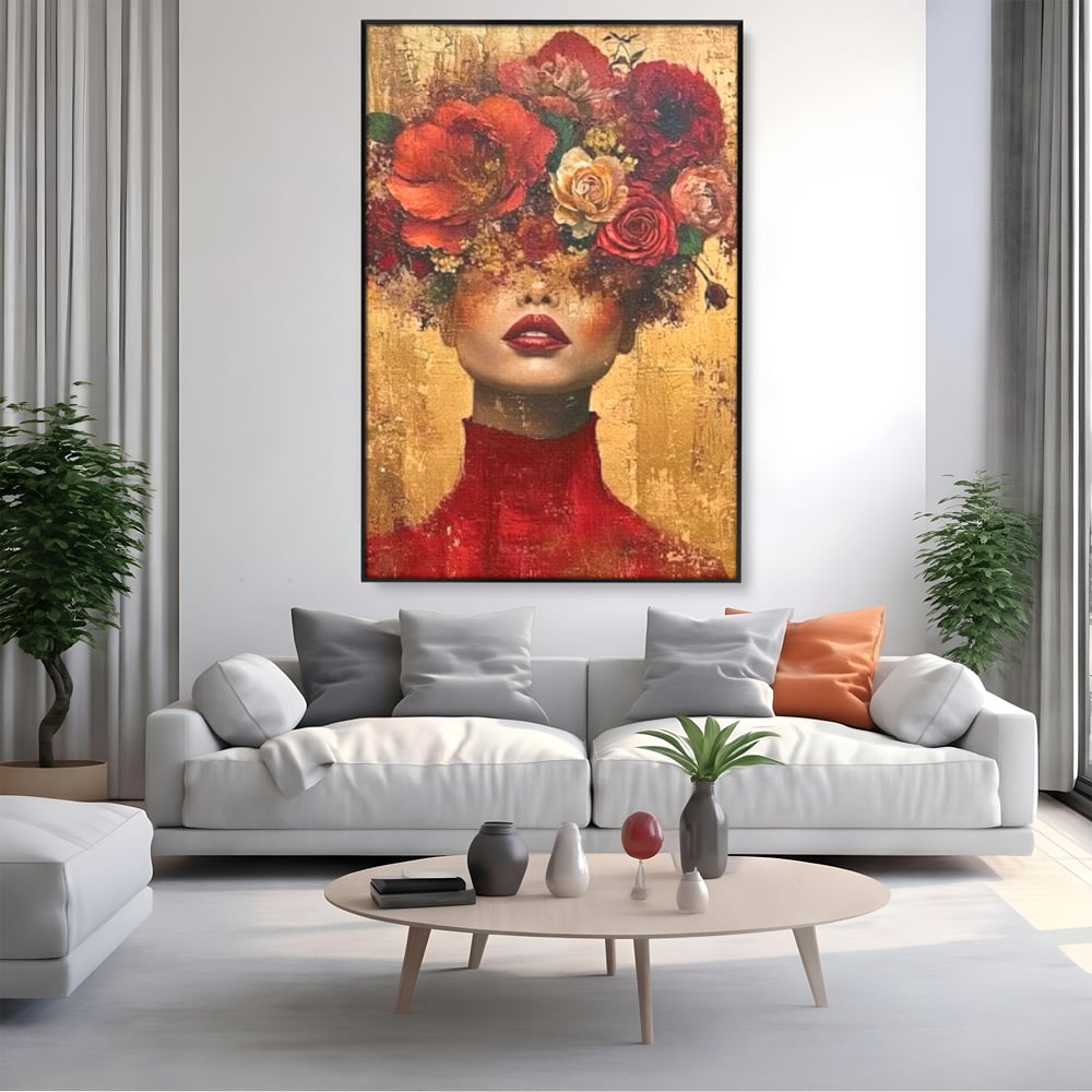 LuxCanva Premium-Leinwandkunst® G1029, Frau und Rosen, Natur, Blütenblätter, Rosen, Details, Porträt, Romantik, Romantisch, Wohnen, Schlafzimmer, Lebendige Farben