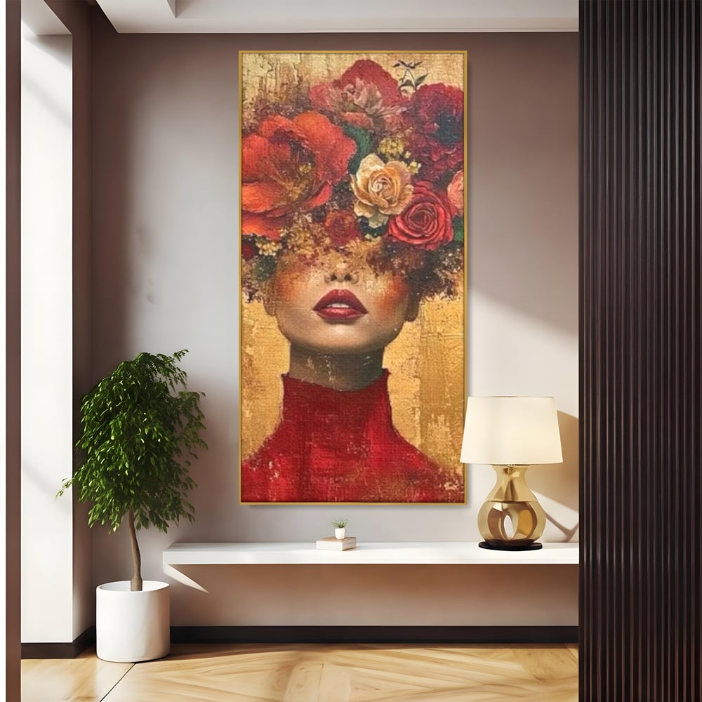 LuxCanva Premium-Leinwandkunst® G1029, Frau und Rosen, Natur, Blütenblätter, Rosen, Details, Porträt, Romantik, Romantisch, Wohnen, Schlafzimmer, Lebendige Farben