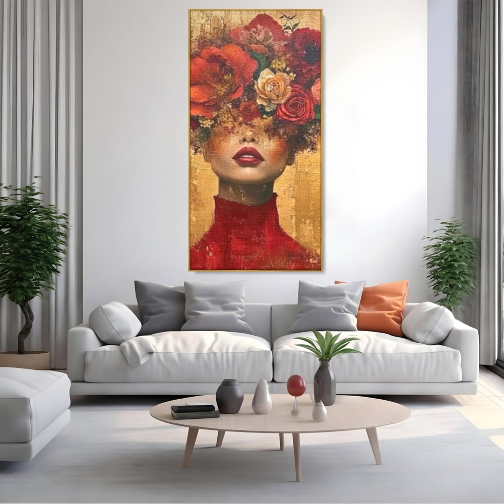 LuxCanva Premium-Leinwandkunst® G1029, Frau und Rosen, Natur, Blütenblätter, Rosen, Details, Porträt, Romantik, Romantisch, Wohnen, Schlafzimmer, Lebendige Farben