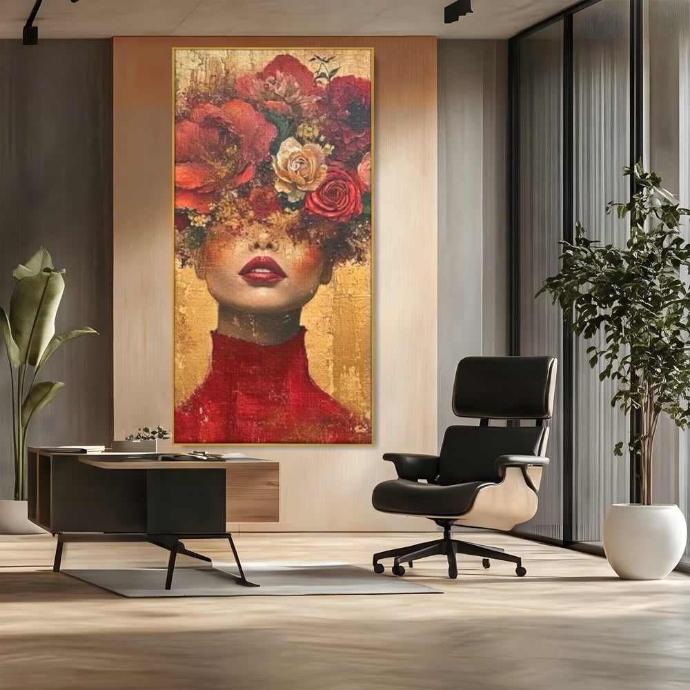 LuxCanva Premium-Leinwandkunst® G1029, Frau und Rosen, Natur, Blütenblätter, Rosen, Details, Porträt, Romantik, Romantisch, Wohnen, Schlafzimmer, Lebendige Farben