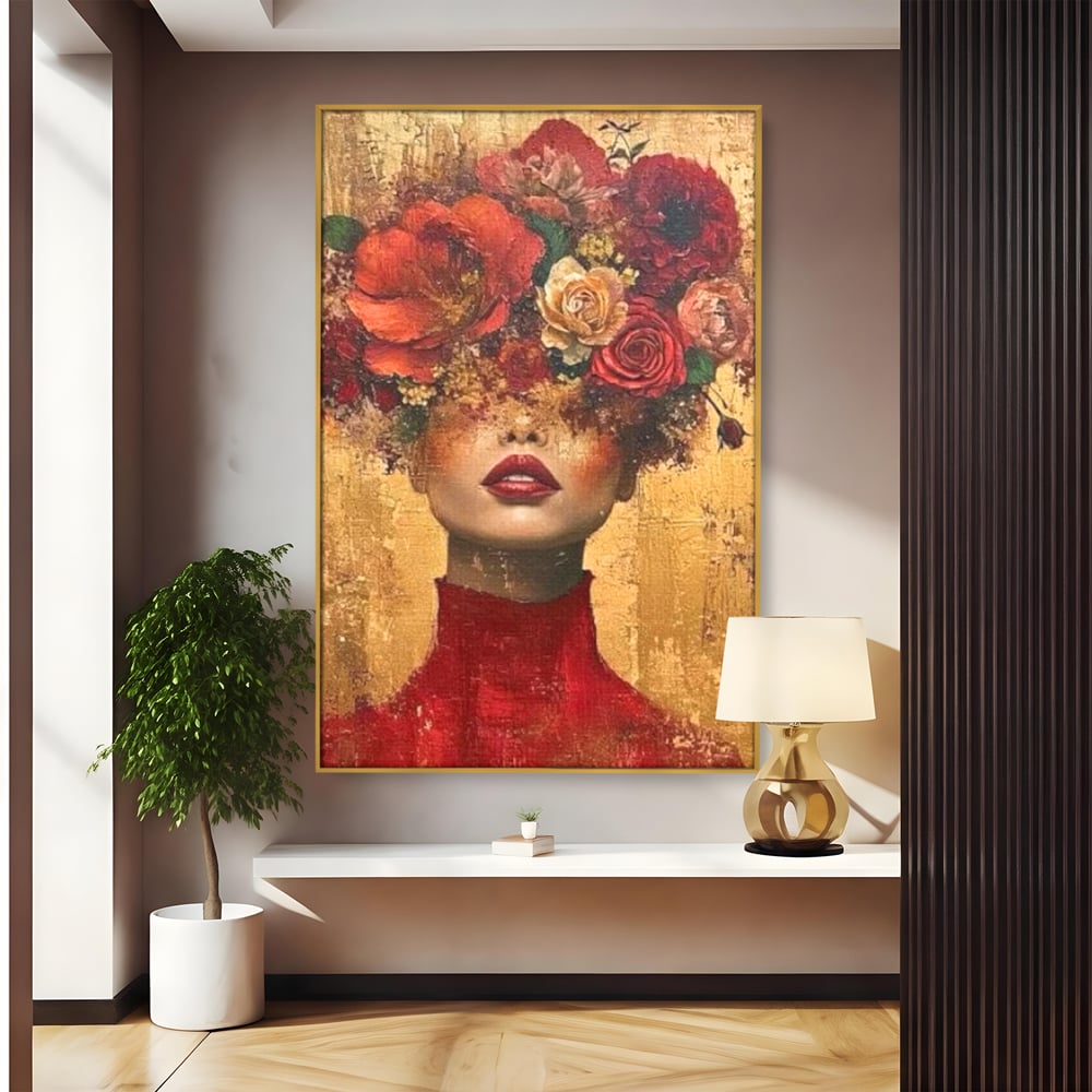 LuxCanva Premium-Leinwandkunst® G1029, Frau und Rosen, Natur, Blütenblätter, Rosen, Details, Porträt, Romantik, Romantisch, Wohnen, Schlafzimmer, Lebendige Farben