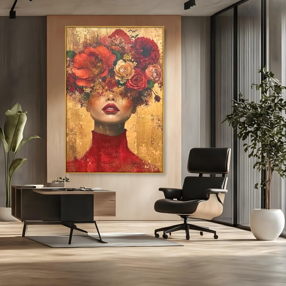 LuxCanva Premium-Leinwandkunst® G1029, Frau und Rosen, Natur, Blütenblätter, Rosen, Details, Porträt, Romantik, Romantisch, Wohnen, Schlafzimmer, Lebendige Farben