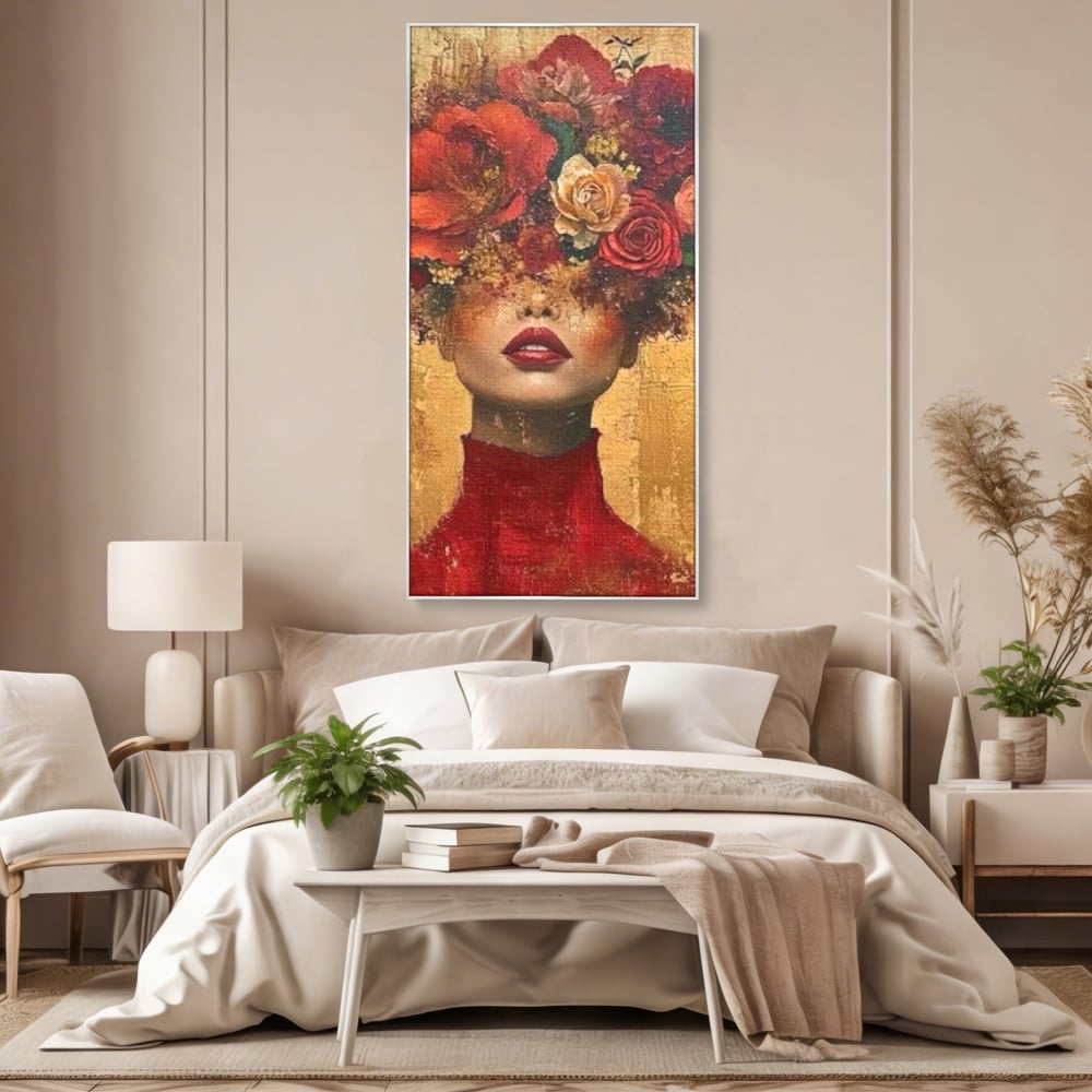 LuxCanva Premium-Leinwandkunst® G1029, Frau und Rosen, Natur, Blütenblätter, Rosen, Details, Porträt, Romantik, Romantisch, Wohnen, Schlafzimmer, Lebendige Farben