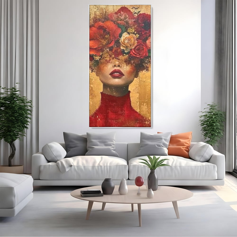 LuxCanva Premium-Leinwandkunst® G1029, Frau und Rosen, Natur, Blütenblätter, Rosen, Details, Porträt, Romantik, Romantisch, Wohnen, Schlafzimmer, Lebendige Farben