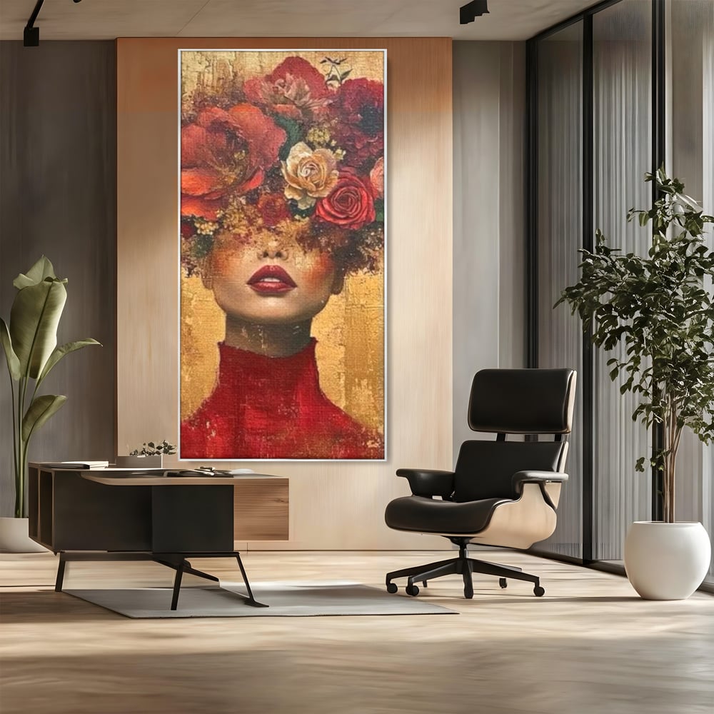 LuxCanva Premium-Leinwandkunst® G1029, Frau und Rosen, Natur, Blütenblätter, Rosen, Details, Porträt, Romantik, Romantisch, Wohnen, Schlafzimmer, Lebendige Farben