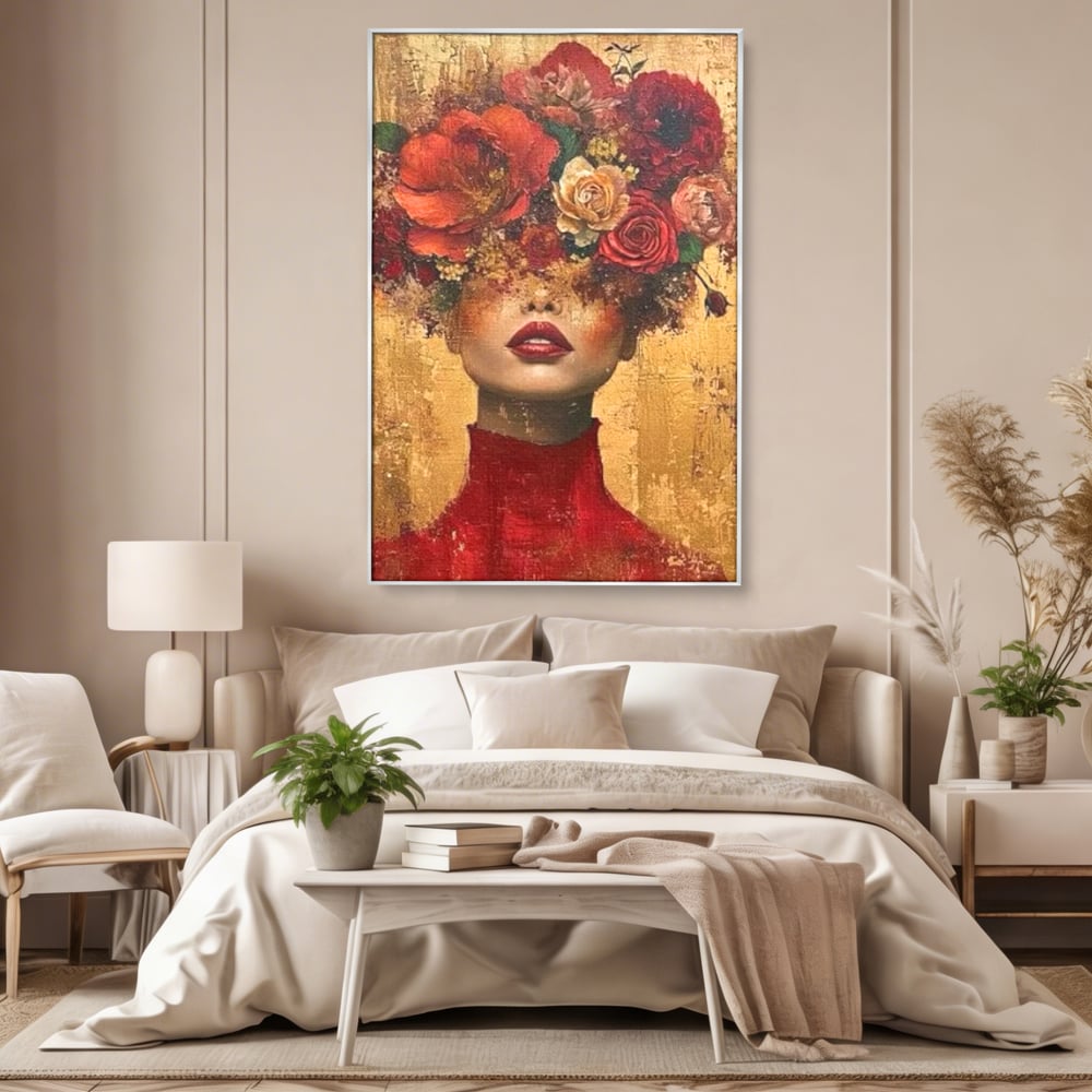 LuxCanva Premium-Leinwandkunst® G1029, Frau und Rosen, Natur, Blütenblätter, Rosen, Details, Porträt, Romantik, Romantisch, Wohnen, Schlafzimmer, Lebendige Farben