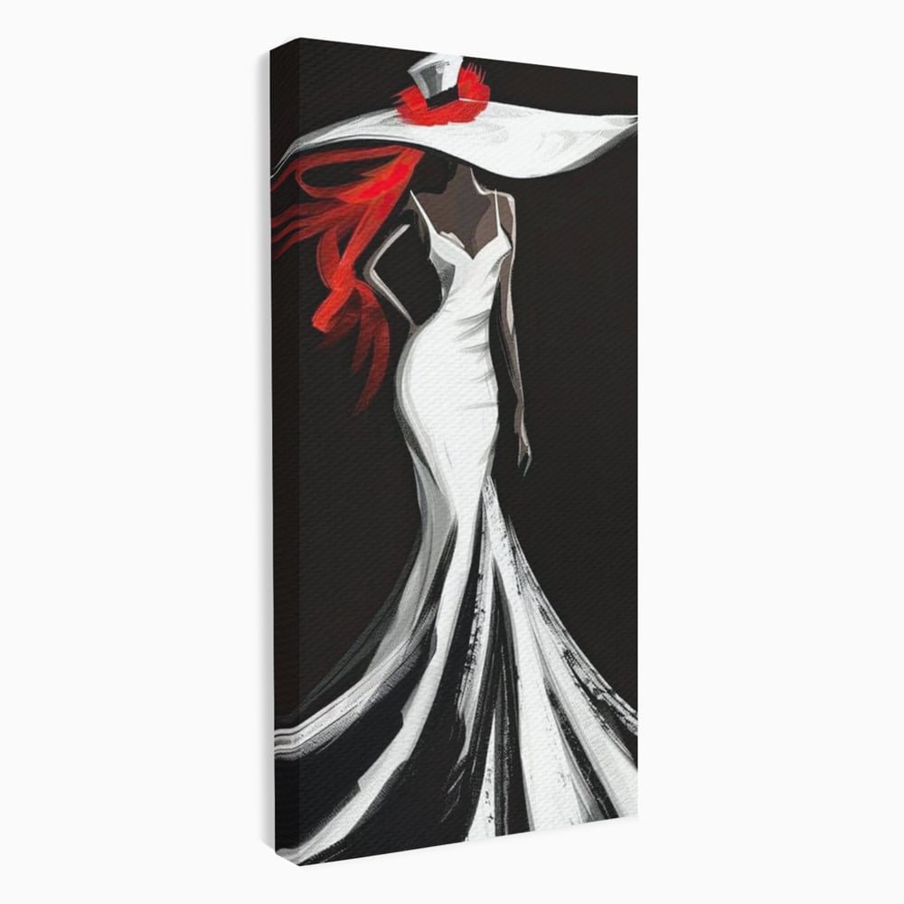 Tablou Canvas Premium LuxCanva® G1031, O Diva in Rochie Alba , Silueta, Palarie, Rochie, Sirena, Podium, Moda, Stil, Living, Dormitor, Culori vibrante