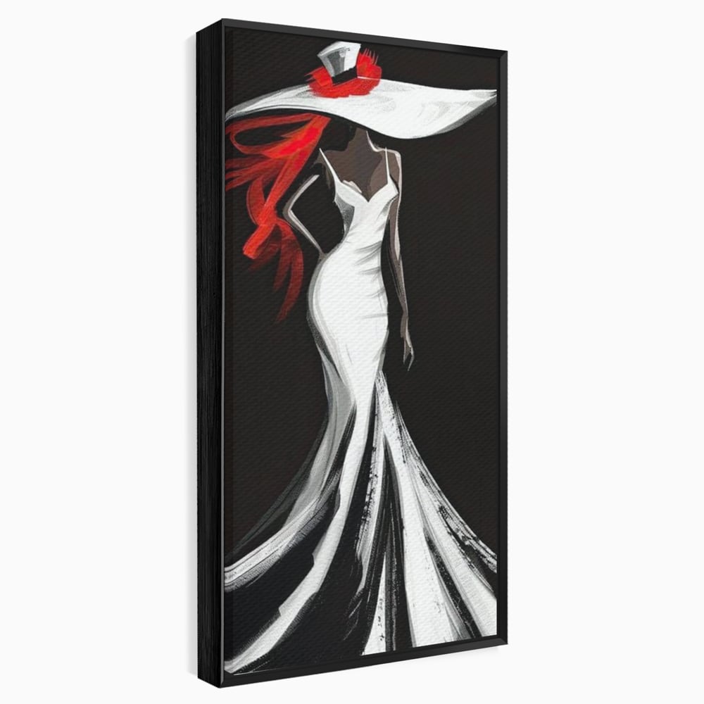 Tablou Canvas Premium LuxCanva® G1031, O Diva in Rochie Alba , Silueta, Palarie, Rochie, Sirena, Podium, Moda, Stil, Living, Dormitor, Culori vibrante