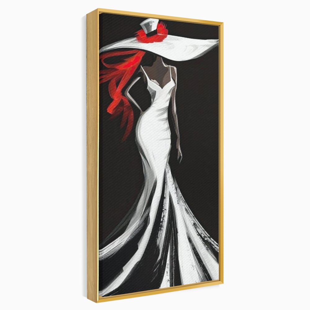 Tablou Canvas Premium LuxCanva® G1031, O Diva in Rochie Alba , Silueta, Palarie, Rochie, Sirena, Podium, Moda, Stil, Living, Dormitor, Culori vibrante