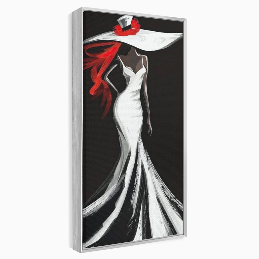Tablou Canvas Premium LuxCanva® G1031, O Diva in Rochie Alba , Silueta, Palarie, Rochie, Sirena, Podium, Moda, Stil, Living, Dormitor, Culori vibrante