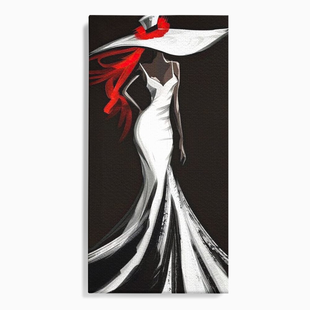 Tablou Canvas Premium LuxCanva® G1031, O Diva in Rochie Alba , Silueta, Palarie, Rochie, Sirena, Podium, Moda, Stil, Living, Dormitor, Culori vibrante