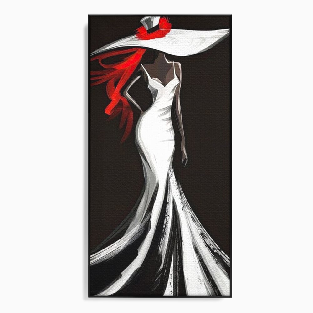 Tablou Canvas Premium LuxCanva® G1031, O Diva in Rochie Alba , Silueta, Palarie, Rochie, Sirena, Podium, Moda, Stil, Living, Dormitor, Culori vibrante