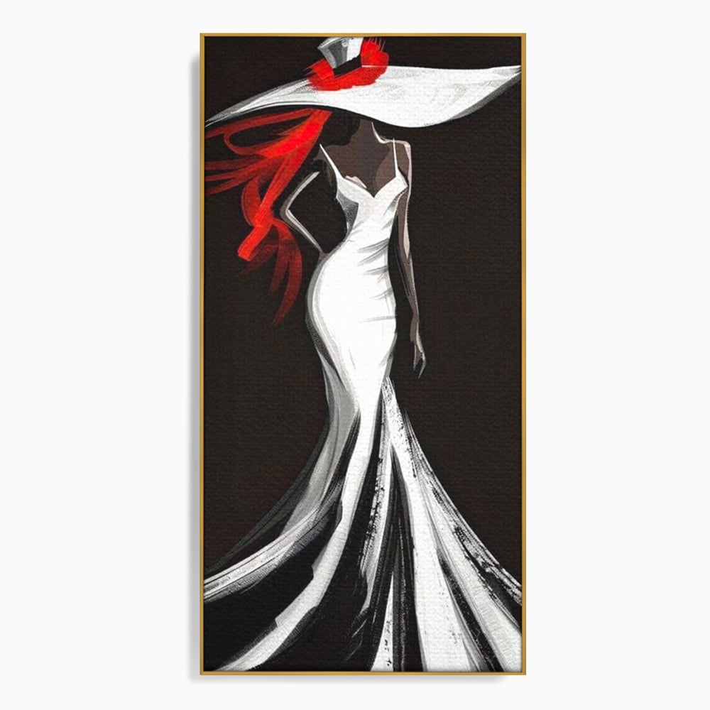 Tablou Canvas Premium LuxCanva® G1031, O Diva in Rochie Alba , Silueta, Palarie, Rochie, Sirena, Podium, Moda, Stil, Living, Dormitor, Culori vibrante