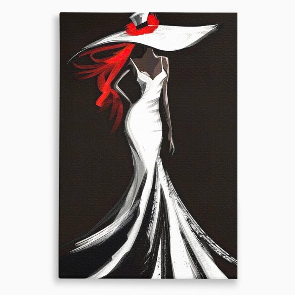 Tablou Canvas Premium LuxCanva® G1031, O Diva in Rochie Alba , Silueta, Palarie, Rochie, Sirena, Podium, Moda, Stil, Living, Dormitor, Culori vibrante