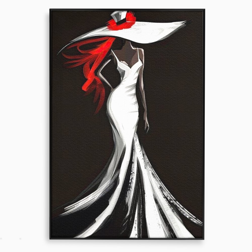 Tablou Canvas Premium LuxCanva® G1031, O Diva in Rochie Alba , Silueta, Palarie, Rochie, Sirena, Podium, Moda, Stil, Living, Dormitor, Culori vibrante