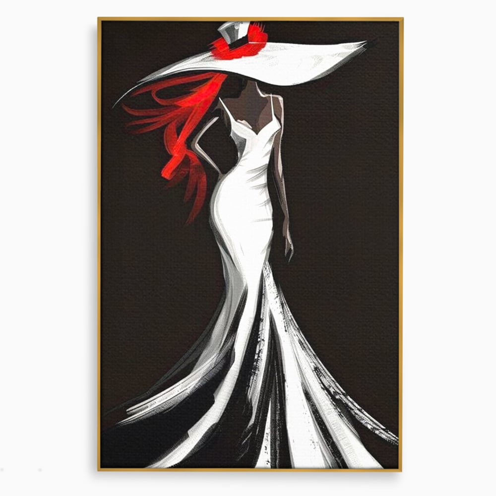 Tablou Canvas Premium LuxCanva® G1031, O Diva in Rochie Alba , Silueta, Palarie, Rochie, Sirena, Podium, Moda, Stil, Living, Dormitor, Culori vibrante