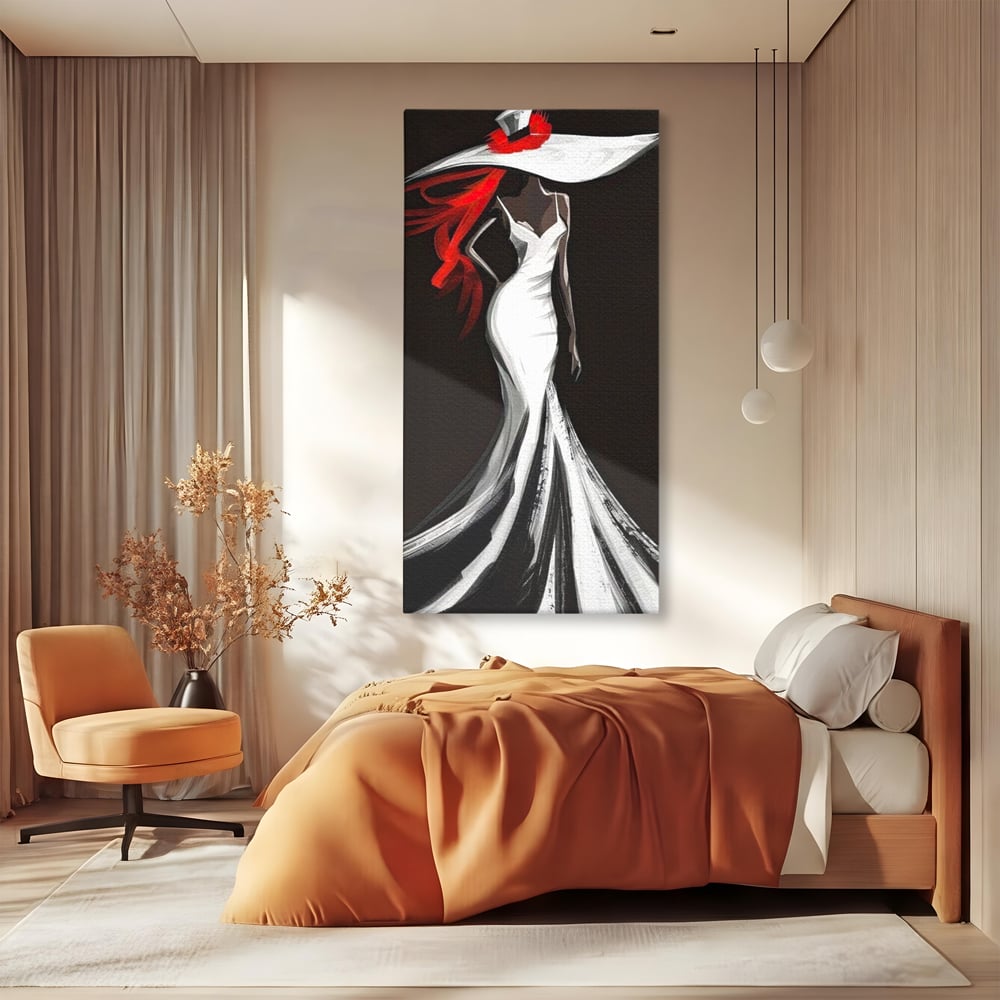 Tablou Canvas Premium LuxCanva® G1031, O Diva in Rochie Alba , Silueta, Palarie, Rochie, Sirena, Podium, Moda, Stil, Living, Dormitor, Culori vibrante