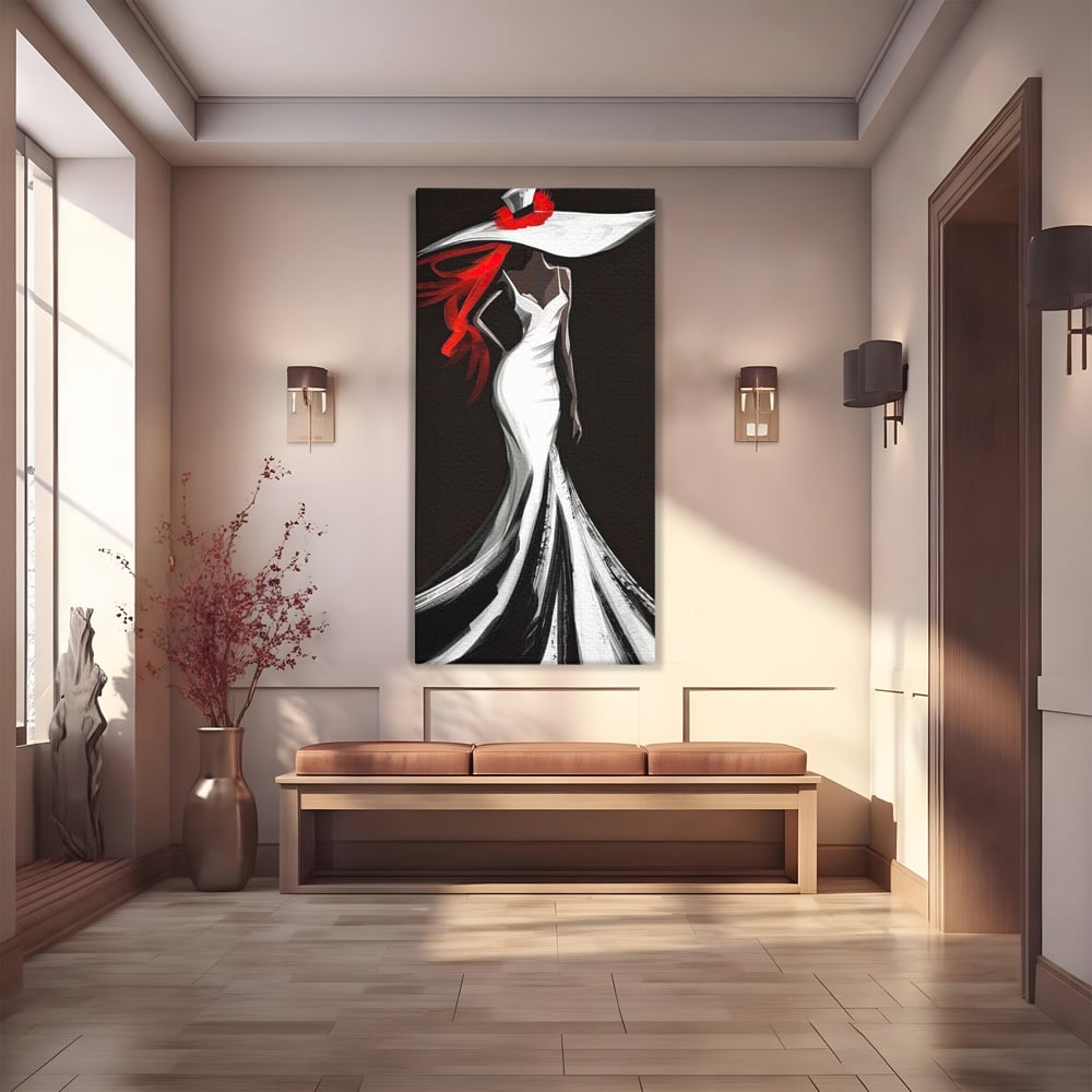 Tablou Canvas Premium LuxCanva® G1031, O Diva in Rochie Alba , Silueta, Palarie, Rochie, Sirena, Podium, Moda, Stil, Living, Dormitor, Culori vibrante