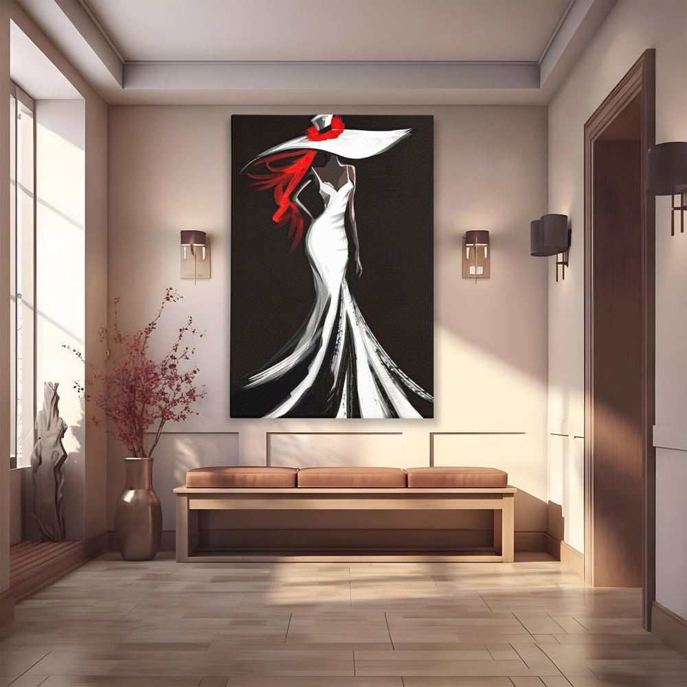 Tablou Canvas Premium LuxCanva® G1031, O Diva in Rochie Alba , Silueta, Palarie, Rochie, Sirena, Podium, Moda, Stil, Living, Dormitor, Culori vibrante