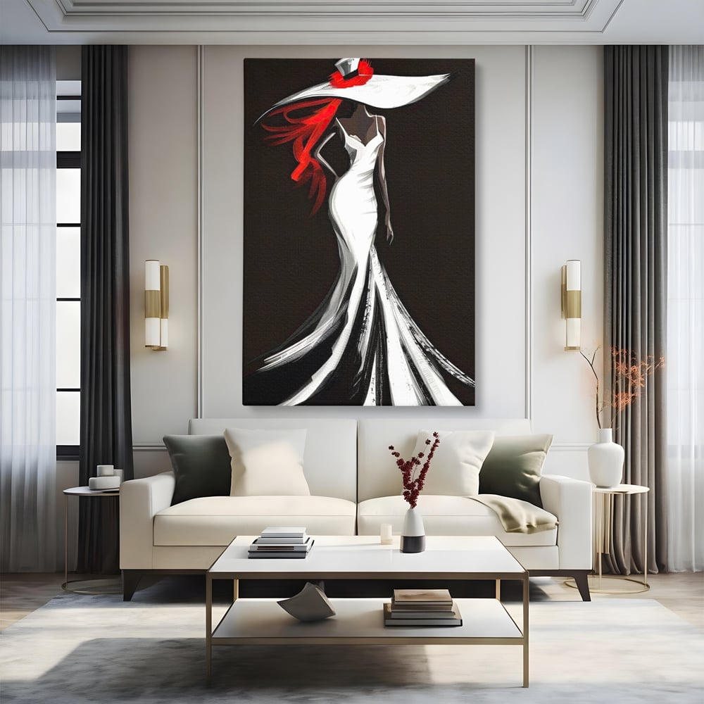 Tablou Canvas Premium LuxCanva® G1031, O Diva in Rochie Alba , Silueta, Palarie, Rochie, Sirena, Podium, Moda, Stil, Living, Dormitor, Culori vibrante