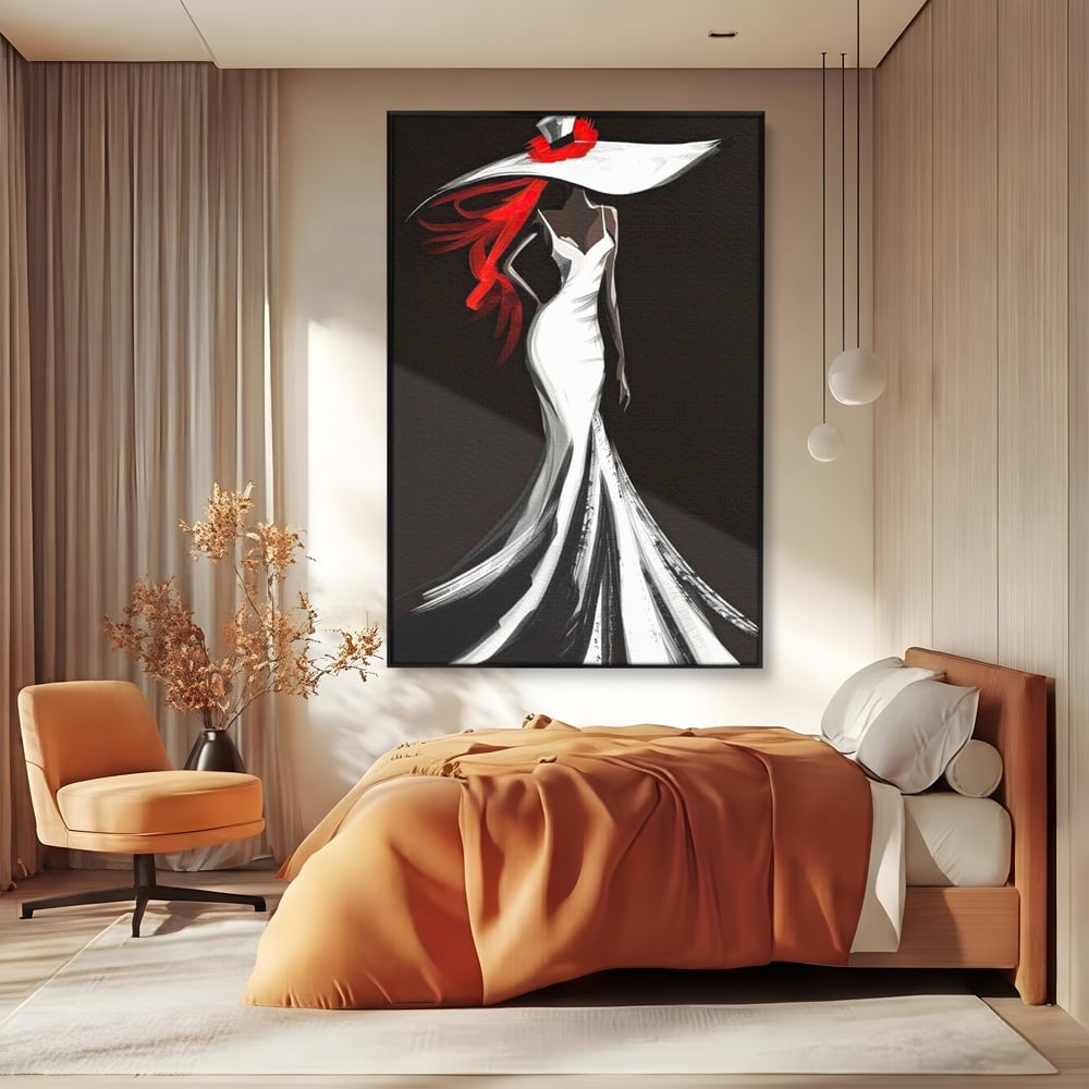 Tablou Canvas Premium LuxCanva® G1031, O Diva in Rochie Alba , Silueta, Palarie, Rochie, Sirena, Podium, Moda, Stil, Living, Dormitor, Culori vibrante