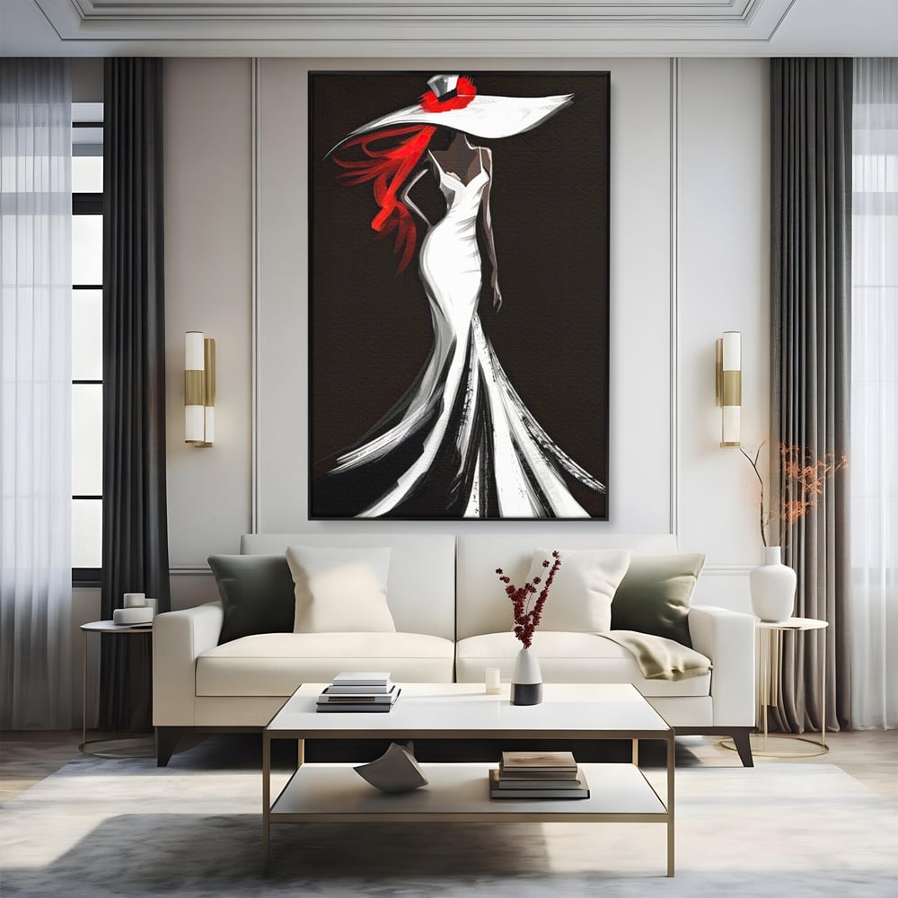 Tablou Canvas Premium LuxCanva® G1031, O Diva in Rochie Alba , Silueta, Palarie, Rochie, Sirena, Podium, Moda, Stil, Living, Dormitor, Culori vibrante