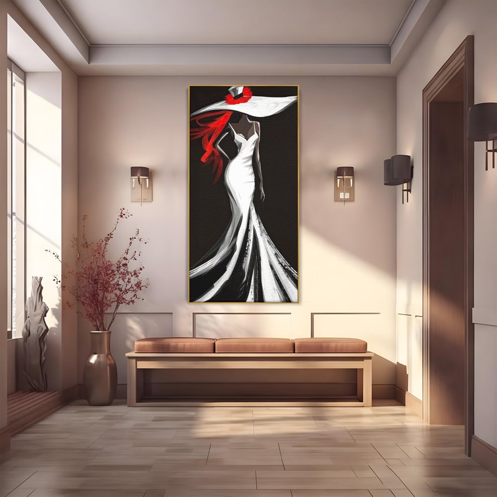 Tablou Canvas Premium LuxCanva® G1031, O Diva in Rochie Alba , Silueta, Palarie, Rochie, Sirena, Podium, Moda, Stil, Living, Dormitor, Culori vibrante