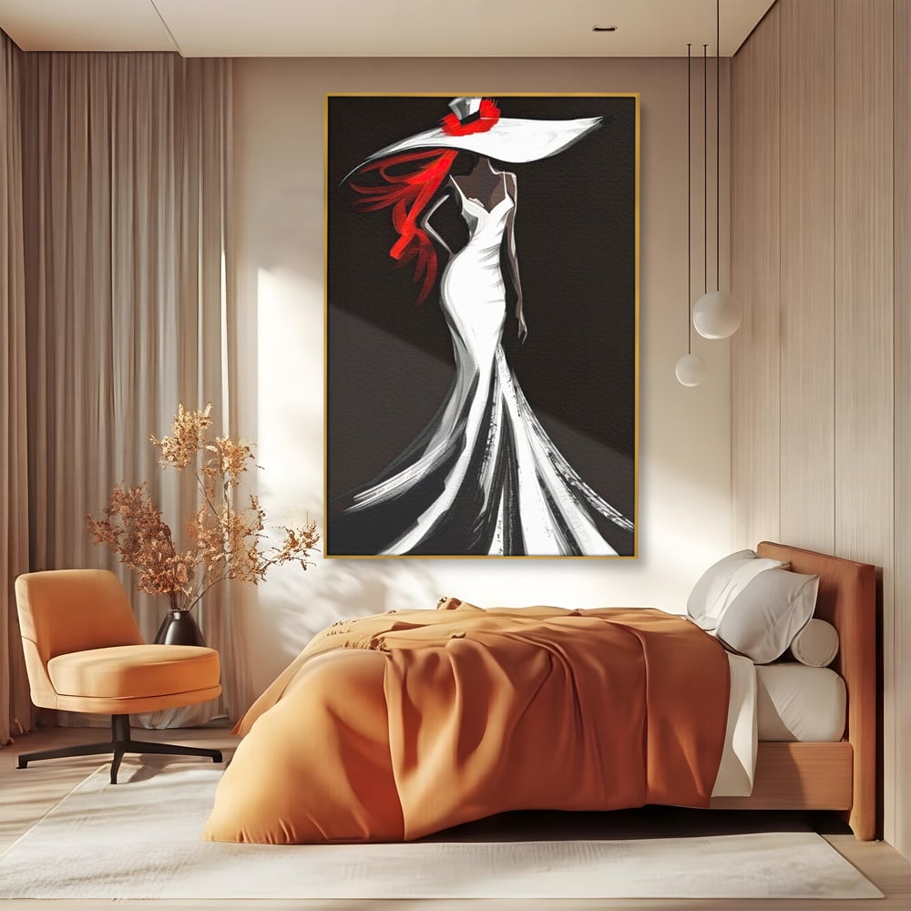 Tablou Canvas Premium LuxCanva® G1031, O Diva in Rochie Alba , Silueta, Palarie, Rochie, Sirena, Podium, Moda, Stil, Living, Dormitor, Culori vibrante