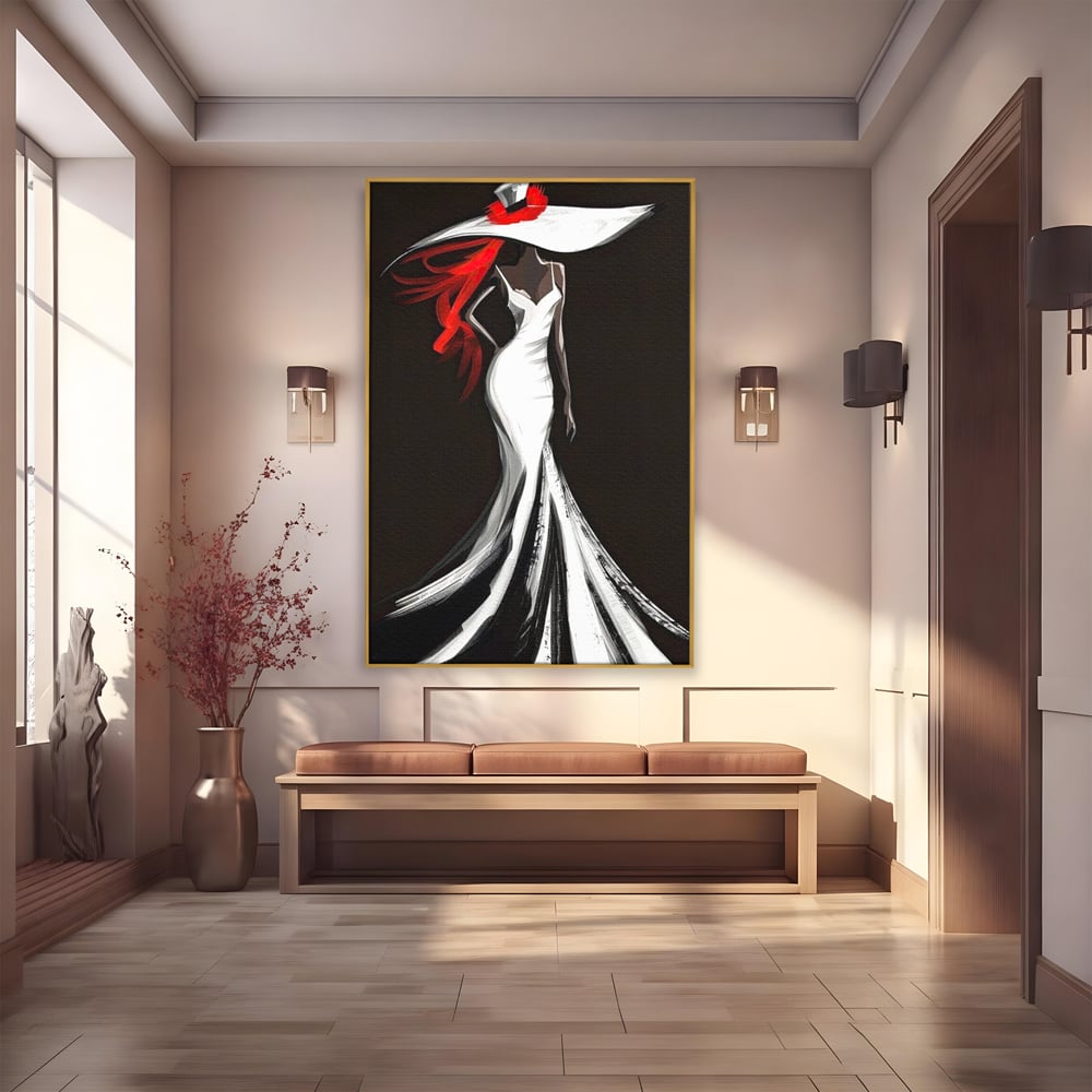 Tablou Canvas Premium LuxCanva® G1031, O Diva in Rochie Alba , Silueta, Palarie, Rochie, Sirena, Podium, Moda, Stil, Living, Dormitor, Culori vibrante