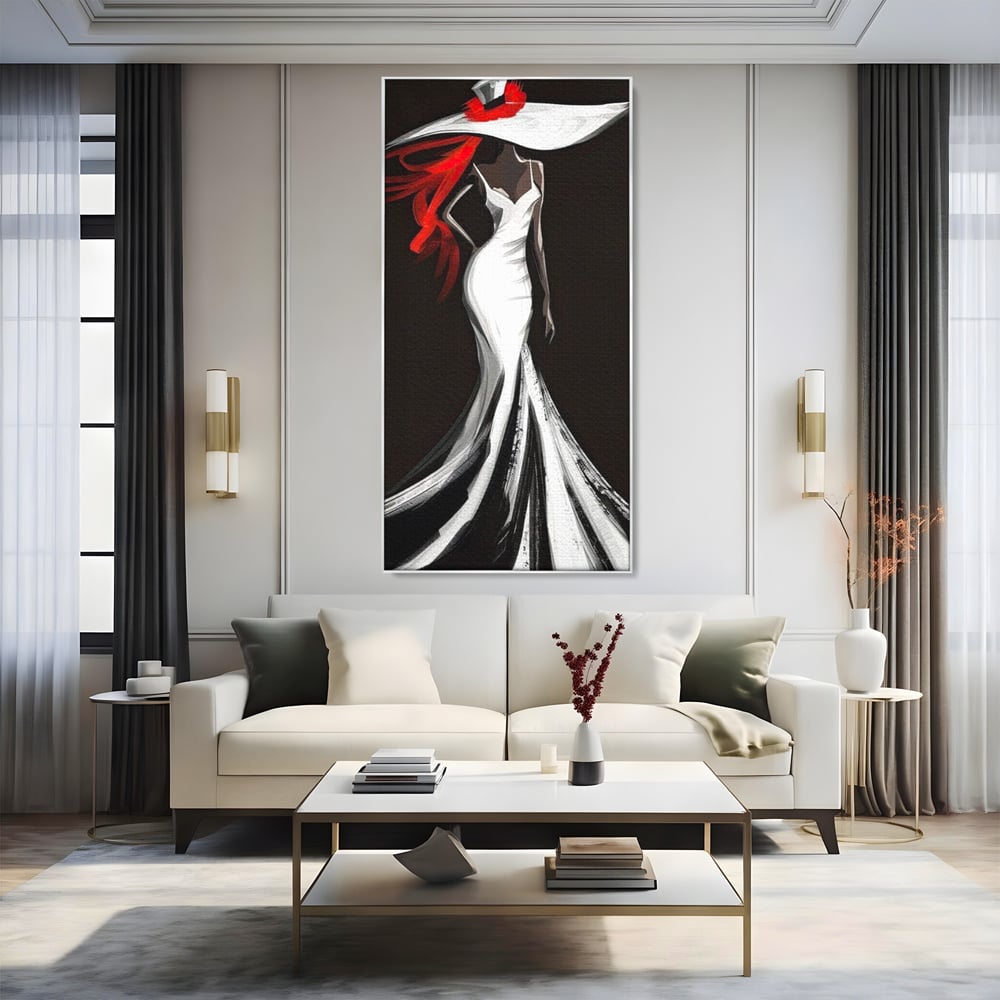 Tablou Canvas Premium LuxCanva® G1031, O Diva in Rochie Alba , Silueta, Palarie, Rochie, Sirena, Podium, Moda, Stil, Living, Dormitor, Culori vibrante