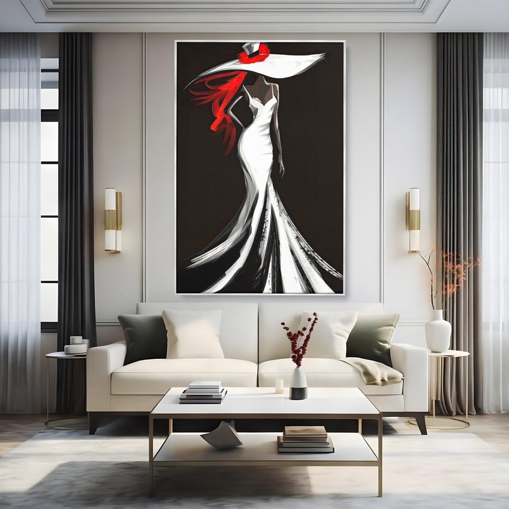 Tablou Canvas Premium LuxCanva® G1031, O Diva in Rochie Alba , Silueta, Palarie, Rochie, Sirena, Podium, Moda, Stil, Living, Dormitor, Culori vibrante