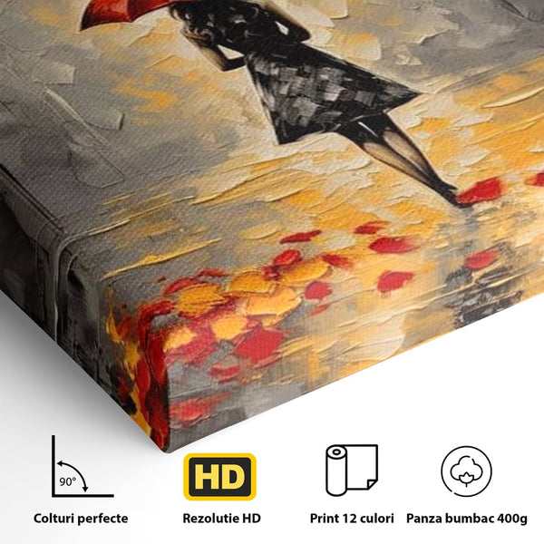 Leinwandbilder LuxCanva Premium Leinwandbilder® G1033, Herbst, Single, Regen, Regenschirm, Rot, Blätter, Schritte, Herbst, Frauen, Frauen, Wohnen, Schlafzimmer, Lebendige Farben