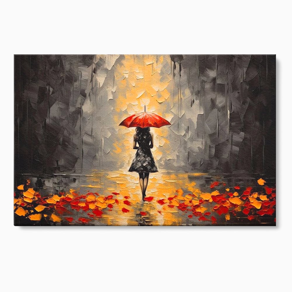 Leinwandbilder LuxCanva Premium Leinwandbilder® G1033, Herbst, Single, Regen, Regenschirm, Rot, Blätter, Schritte, Herbst, Frauen, Frauen, Wohnen, Schlafzimmer, Lebendige Farben