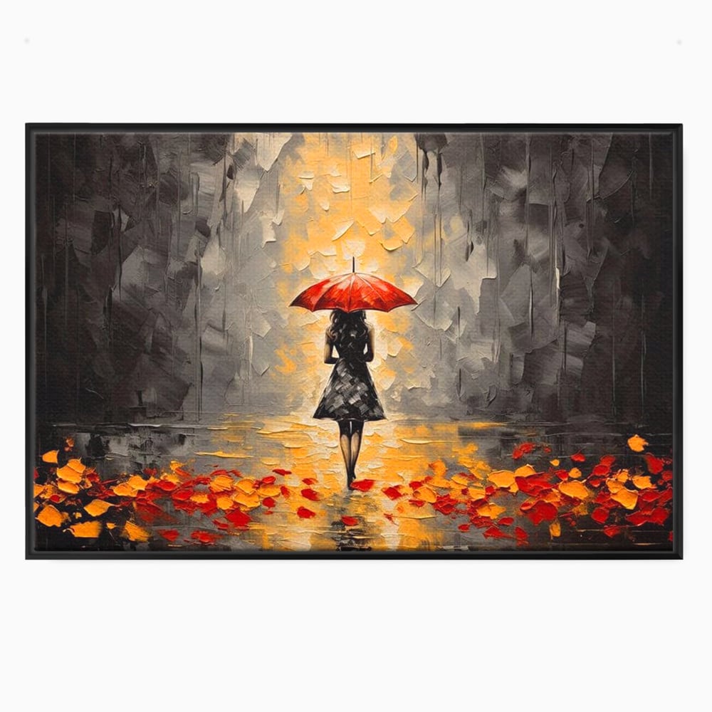 Leinwandbilder LuxCanva Premium Leinwandbilder® G1033, Herbst, Single, Regen, Regenschirm, Rot, Blätter, Schritte, Herbst, Frauen, Frauen, Wohnen, Schlafzimmer, Lebendige Farben