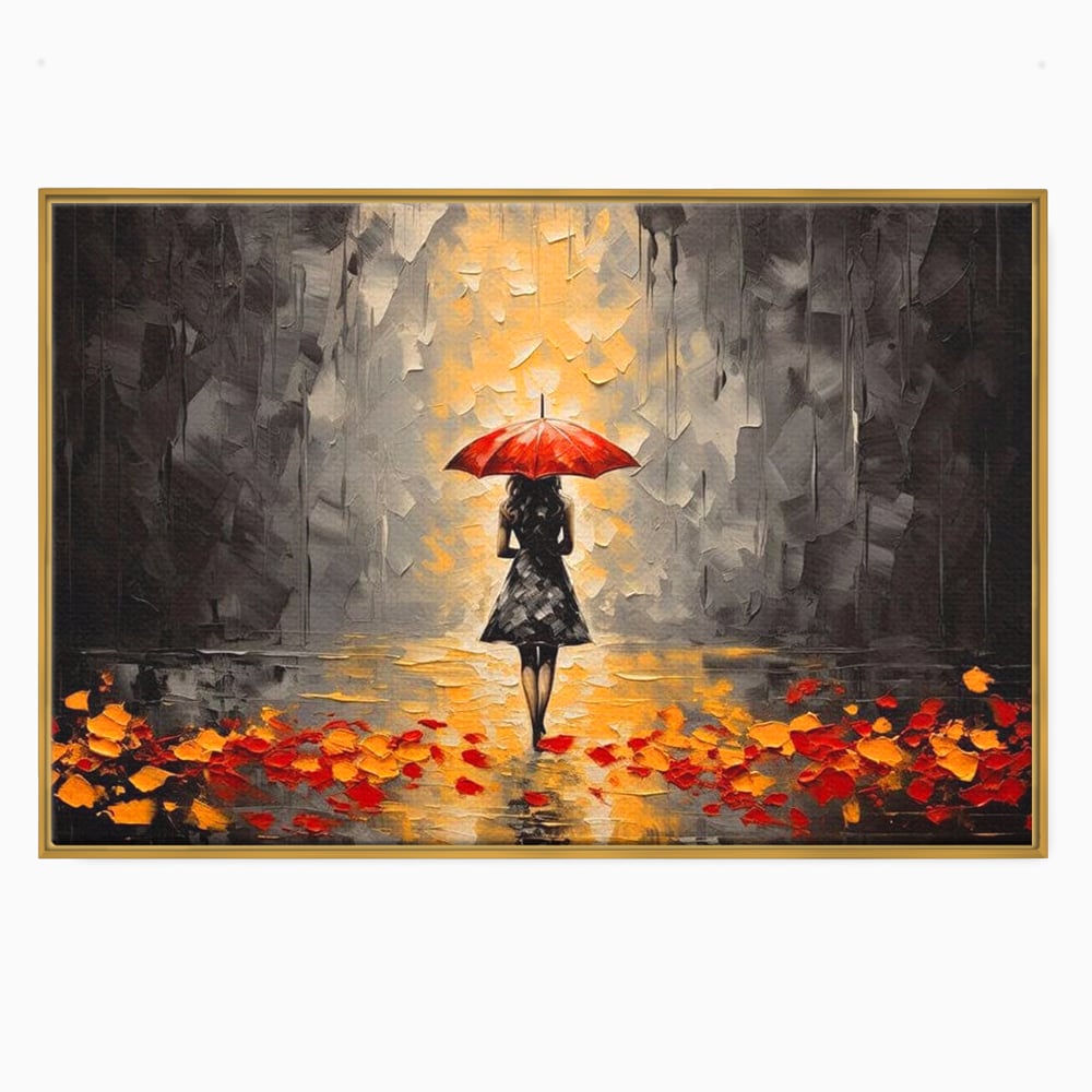 Leinwandbilder LuxCanva Premium Leinwandbilder® G1033, Herbst, Single, Regen, Regenschirm, Rot, Blätter, Schritte, Herbst, Frauen, Frauen, Wohnen, Schlafzimmer, Lebendige Farben