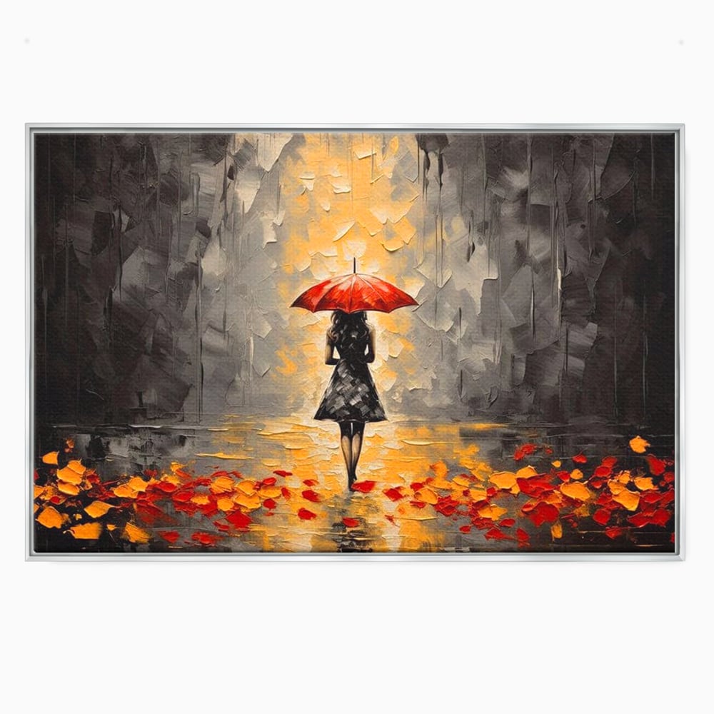 Leinwandbilder LuxCanva Premium Leinwandbilder® G1033, Herbst, Single, Regen, Regenschirm, Rot, Blätter, Schritte, Herbst, Frauen, Frauen, Wohnen, Schlafzimmer, Lebendige Farben