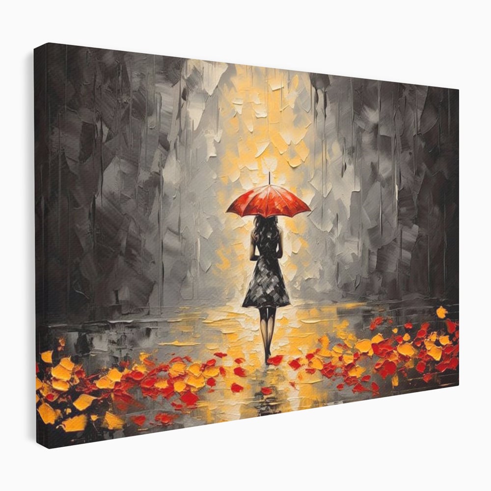 Leinwandbilder LuxCanva Premium Leinwandbilder® G1033, Herbst, Single, Regen, Regenschirm, Rot, Blätter, Schritte, Herbst, Frauen, Frauen, Wohnen, Schlafzimmer, Lebendige Farben