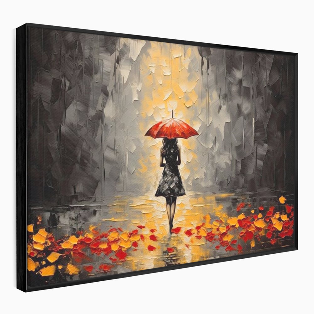Leinwandbilder LuxCanva Premium Leinwandbilder® G1033, Herbst, Single, Regen, Regenschirm, Rot, Blätter, Schritte, Herbst, Frauen, Frauen, Wohnen, Schlafzimmer, Lebendige Farben
