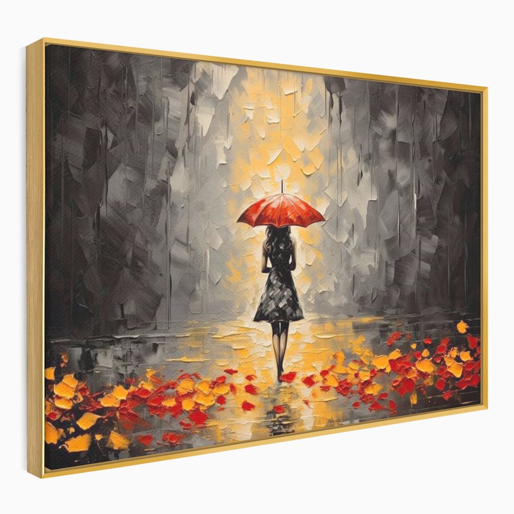 Leinwandbilder LuxCanva Premium Leinwandbilder® G1033, Herbst, Single, Regen, Regenschirm, Rot, Blätter, Schritte, Herbst, Frauen, Frauen, Wohnen, Schlafzimmer, Lebendige Farben