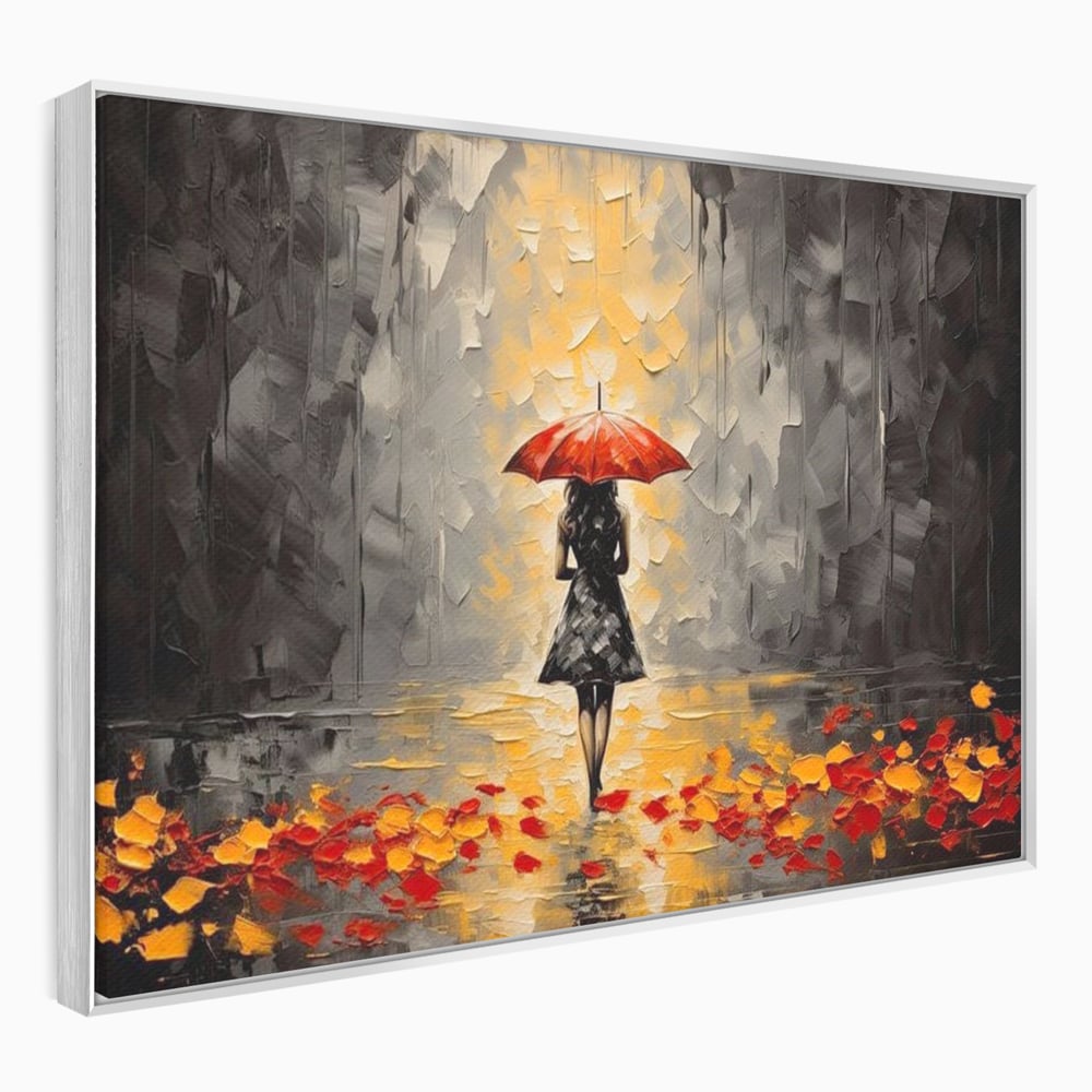 Leinwandbilder LuxCanva Premium Leinwandbilder® G1033, Herbst, Single, Regen, Regenschirm, Rot, Blätter, Schritte, Herbst, Frauen, Frauen, Wohnen, Schlafzimmer, Lebendige Farben