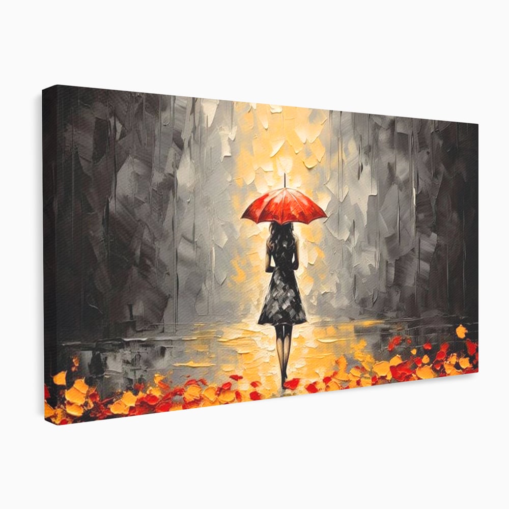 Leinwandbilder LuxCanva Premium Leinwandbilder® G1033, Herbst, Single, Regen, Regenschirm, Rot, Blätter, Schritte, Herbst, Frauen, Frauen, Wohnen, Schlafzimmer, Lebendige Farben