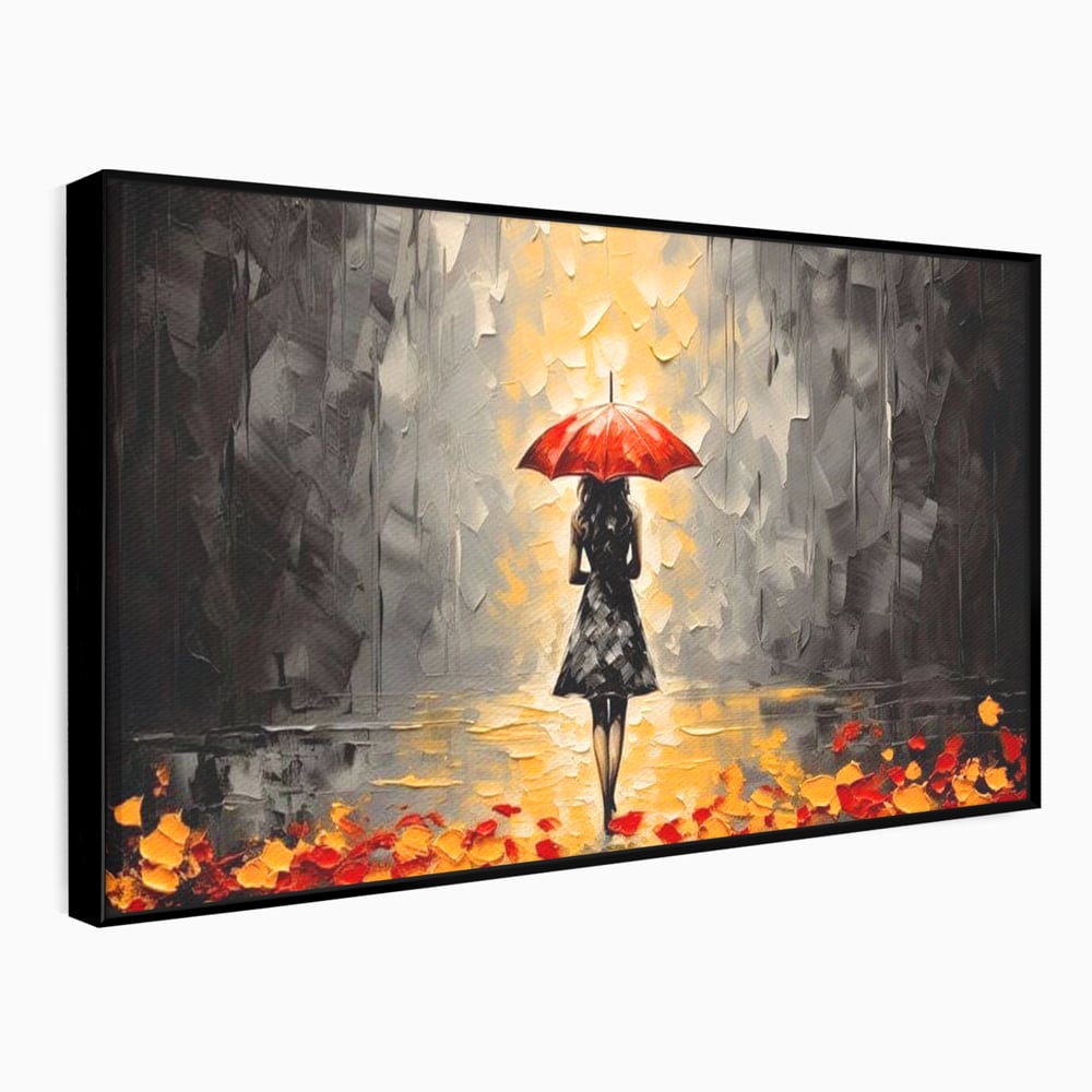 Leinwandbilder LuxCanva Premium Leinwandbilder® G1033, Herbst, Single, Regen, Regenschirm, Rot, Blätter, Schritte, Herbst, Frauen, Frauen, Wohnen, Schlafzimmer, Lebendige Farben